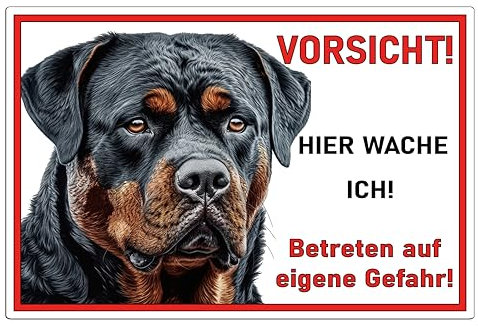Schild Rottweiler Vorsicht Hier wache ich - Betreten auf eigene Gefahr! - Achtung - Hundeschild Warnschild- - Warnung vor dem Hund - M2 (Aluverbund weiß, 30x20 cm)