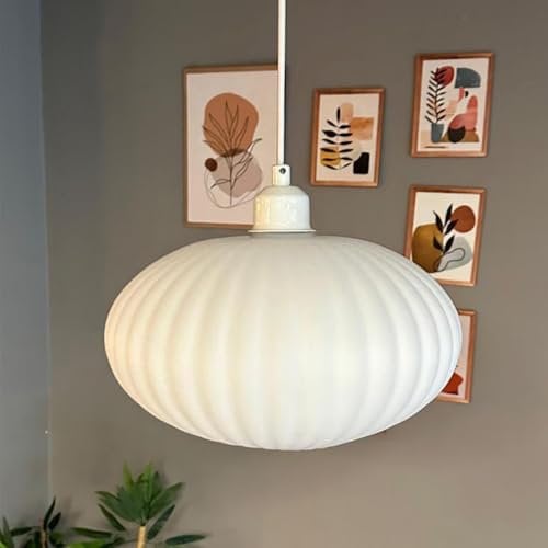 bamyum Elegant Pendelleuchte Vintage Glas Weiß, 30 cm Retro Hängelampe Esstich, Pendelleampe Kugel Glas, Küchenlampe Wohnzimmer E27, Glaslampe Hangend Esstich, Lampenschirm