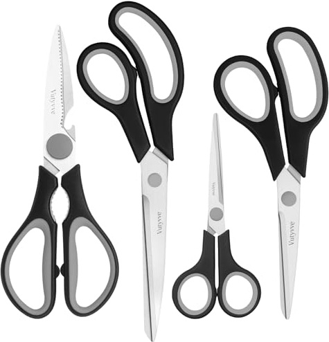 Vutyvve Ciseaux de cuisine, lames en acier inoxydable, manche souple, ensemble de ciseaux de cuisine multifonctionnel, noir/gris, lot de 4 pièces