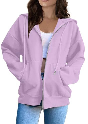 Generisch 2025 Donna Moda Tinta Unita Casual Felpa con Cappuccio Dimagrante con Zip Manica Lunga Ragazzi Felpa Con, Lilla, M