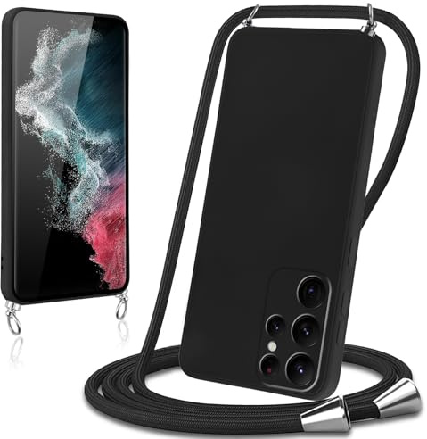 Knrlqim Coque avec Cordon pour Samsung Galaxy S22 Ultra 5G Collier Lanière Silicone Liquide Bumper Housse Réglable Téléphone Étui Portable Lanyard Case Cover Protection,Noir
