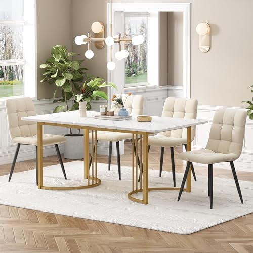 IHO SOFA 140x80cm Esstisch mit 4 Stühlen Set, Essgruppe mit Rechteckiger Küchentisch und Esszimmerstühle, Esstisch mit Stühle, Goldene Tischbeine und Beige Samt Küchenstühle