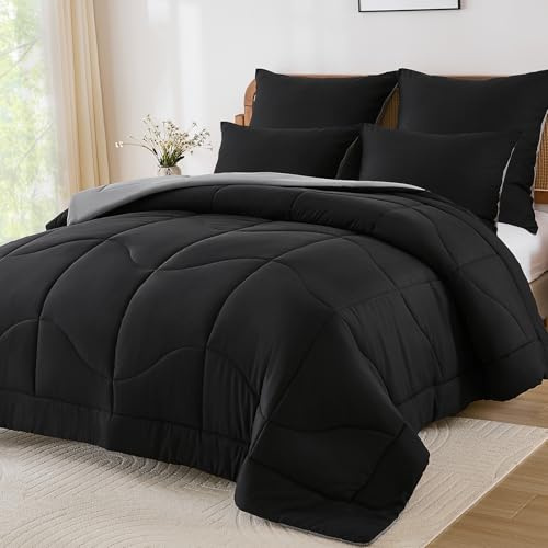 WONGS BEDDING Bettdecke 200x200 - Bettdecke Ganzjahresdecke 300 GSM Wende Steppdecke 200x200 Pflegeleicht & Atmungsaktiv Schlafdecke mit 2 Kissenbezug 80x80 cm, Schwarz&Grau