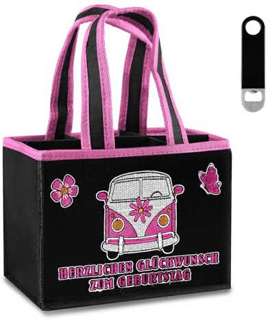 Belillpipi Geschenke für Frauen Geburtstag, Geburtstagsgeschenk für Frauen, Bier Handtasche Damen mit Stickmuster, Flaschenträger Damen 6 Flaschen mit Flaschenöffner