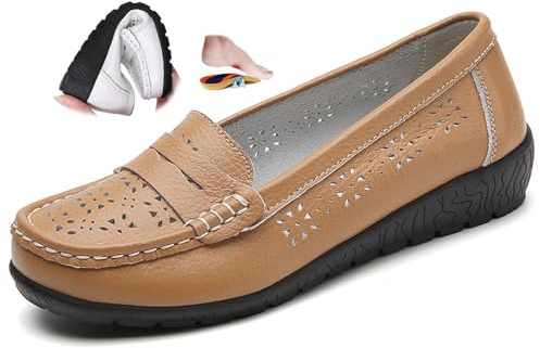 Mocassins orthopédiques pour femme en cuir respirant, large coupe mocassins classiques, mocassins de conduite, travail, chaussures d'allaitement, Kaki H, 41 EU