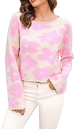 Generisch Pull femme automne mode jacquard manches courtes pull tricoté pull pull, Rose, L
