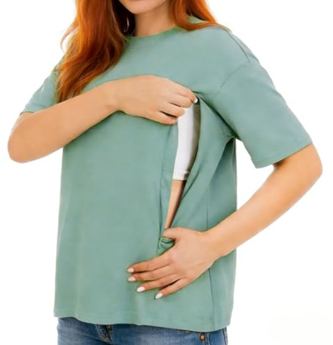 Zidoley Stillshirt,Stillshirt Kurzarm Mit Verstecktem Reißverschluss,Lose Stilltops Damen,Stilloberteile Damen Freizeit Umstandsmode,Stillmode