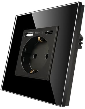 PintoHardware Enchufe de Pared con USB + USB‑C (3.1A) Negro, Interruptor de Vidrio Templado, Carga Rápida, Toma Empotrable 250V 16A Diseño Moderno para Hogar y Oficina.