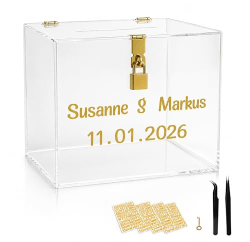 StarK Kartenbox Hochzeit aus Acryl personalisierbar mit Schloss | StarK Kartenbox Hochzeit aus Acryl für Karten & Geldgeschenke mit Schloss