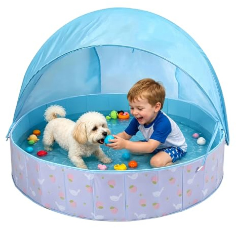Piscina plegable para niños con techo sombrilla, Ø 120 x 30 cm, piscina portátil, bañera para perros con orificio de drenaje, piscina infantil con sombra, piscina de jardín para gatos pequeños, para