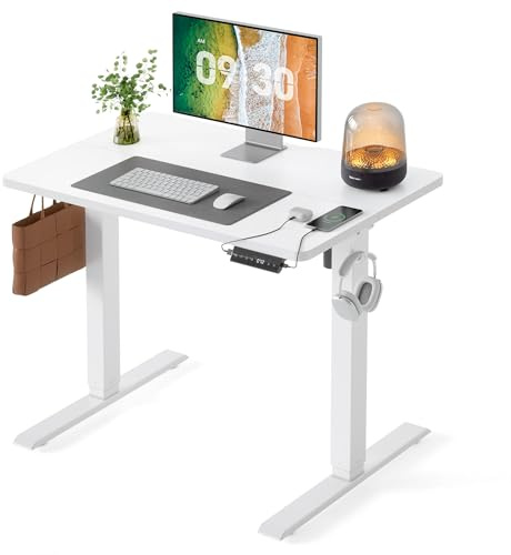 FEZIBO Höhenverstellbarer Schreibtisch 100x60cm mit USB-C&USB-A Ladeanschl | Schreibtisch Höhenverstellbar Elektrisch, 72–118cm Hub, 80kg Tragkraft, 3 Memory-Funktion, Computertisch, Weiß
