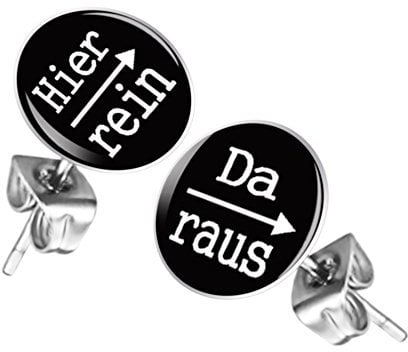 Mianova Ohrstecker Studs Buttons Silber Platte mit Spruch Hier rein, Da raus - 12mm in Schwarz
