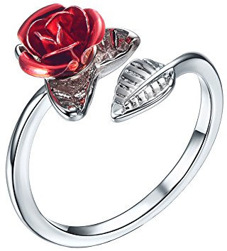 U7 Anello Aperto Donna Regolabile Charm di Fiore Rosa Rossa Foglia, Placcato Platino, Gioiello alla Moda, Colore Argento, Regalo Natale Compleanno, Inivia Confezione Scatola