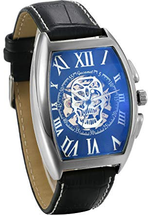 JewelryWe Herrenuhr Analog Automatik Uhr Automatische Mechanische Leder Band Totenkopf Schädel Skelett Armbanduhr Automatikuhr mit Rechteckig Römischen Ziffern Zifferblatt, Silber