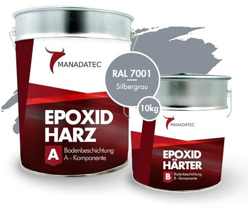 MANADATEC 2k Epoxidharz Bodenbeschichtung 10kg I RAL 7001 Silbergrau I Lösemittelfrei, Umweltfreundlich & Geruchsneutral I Beschichtung für Garagen- & Kellerböden I Hohe Schlagfestigkeit