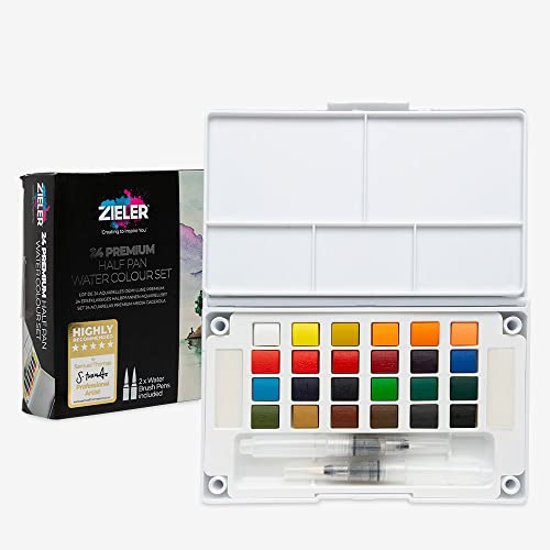 Zieler Pocket-Sized Premium Watercolour Paint Box Set 24 Half Pans, 2 refillable Watercolour Brushes, Mixing Pallet, 2 sponges & Durable case. Complete with Starter Guide – Ideal Travel Set