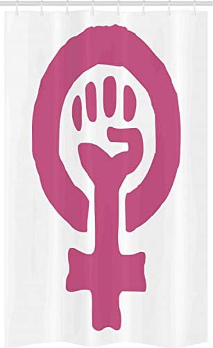ABAKUHAUS Feminist Schmaler Duschvorhang, Feminism Ideology, Badezimmer Deko Set aus Stoff mit Haken, 120 x 180 cm, Magenta und Weiß