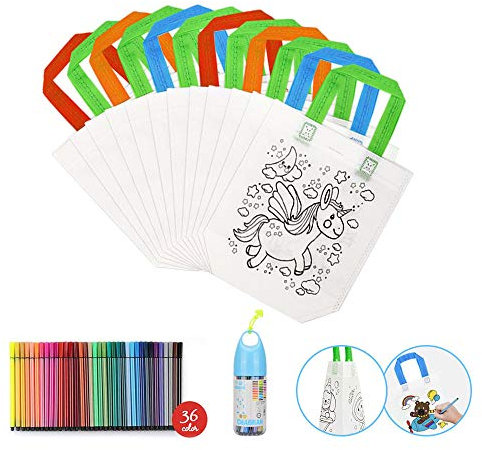 Sinwind DIY Graffiti Taschen Kinder Stoffbeutel Set, Doppelseitiges Muster DIY Graffiti Taschen, 12 Stück Non-Woven Tasche Zum Bemalen & 36 Farbe Buntstifte, Ideal für Geburtstagsfeier Geschenke