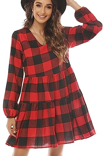 FANCYINN Damen Karo Kleid mit Bell Langarm Mi Rüschen Swg Kleid mit Taschen Rot und Schwarz L