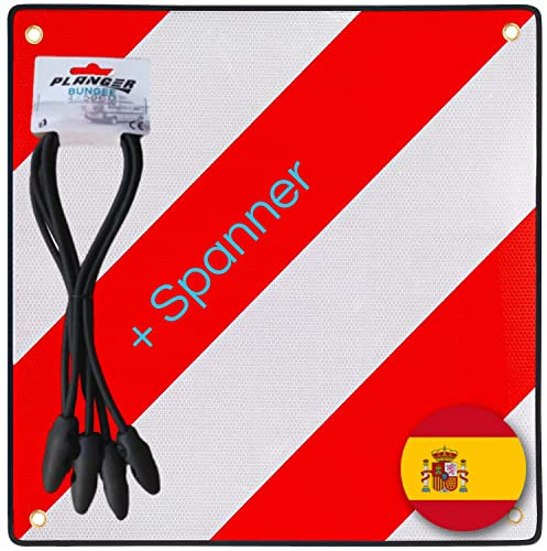 PLANGER® - Warntafel Spanien (50 x 50 cm) + Spanner - Reflektierendes Warnschild rot weiß für Heckträger u Fahrradträger