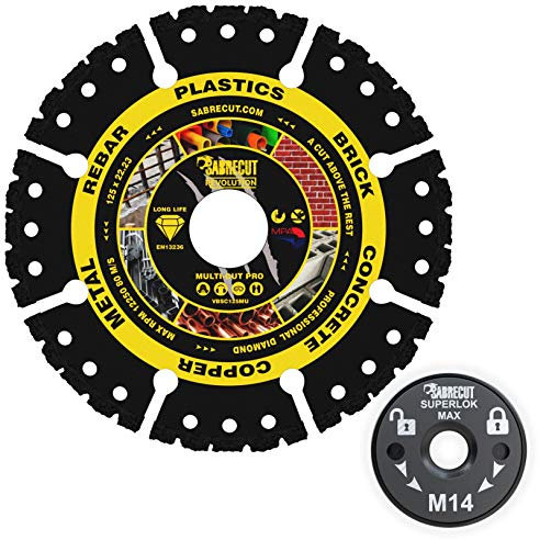 SabreCut VB125MUGRA 125mm (5 inch) x 22.23mm Bore Vacuum Brazed Multi Material Cutting Angle Grinder Diamond Disc Blade and 46mm M14 Quick Change Heavy Duty Grinder Locking Retaining Flange Nut Kit