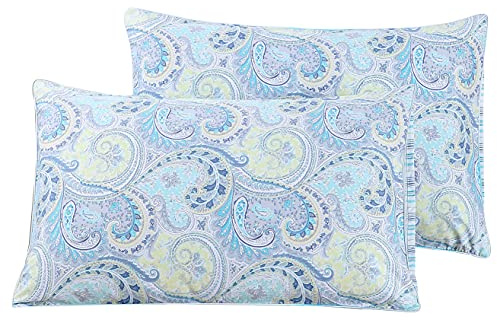 STYHO 100% Egyptian Cotton Floral Printed Pillow Cases 2 Pack Fade Resistant Standard Size Pillow Cover for Hair and Skin Soft Cozy and Breathable(Light Blue,50 x 75cm)