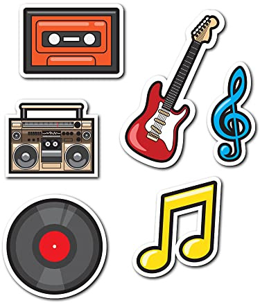 Musik-Aufkleber: Schallplatte, Kassette, Gitarre, Noten, Notenschlüssel & Ghetto Blaster, 6 Stück