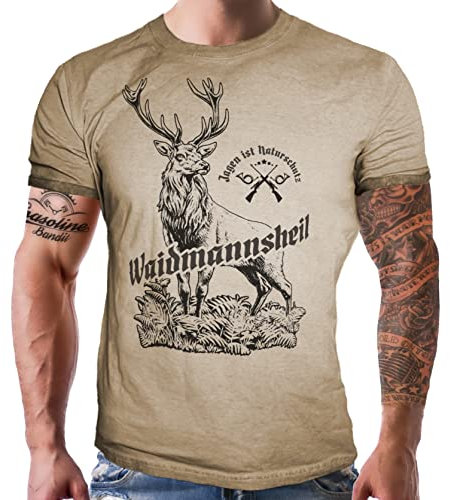 Herren T-Shirt für Jäger: Waidmannsheil - Jagen ist Naturschutz - Used Look Sand 100% Reine Baumwolle