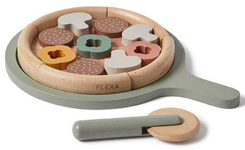 FLEXA Holzpizza-Set für Kinder – 16-teiliges Spielset mit Teller, Spielküche Zubehör Holz Pizza, Belag und Pizzamesser, FSC-zertifiziertes Birkenholz, Spiel für Kleinkinder ab 3 Jahren
