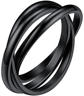 FindChic Damen Ring Wickelring Edelstahl 3 Ringe Ineinander Verschlungene Ring Rolling Rings Modeschmuck Ehering Schwarz 19