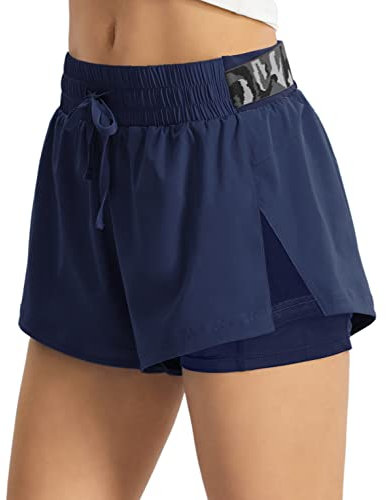 Persit Sporthose Damen Kurz, 2 in 1 Sport-Shorts Sommer Laufshorts Trainingsshorts Kurze Laufhose Jogginghose Sattblau L