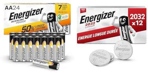 Alkaline Power AA, 24 Pack & Piles Bouton Energizer Lithium 2032, Paquet de 12