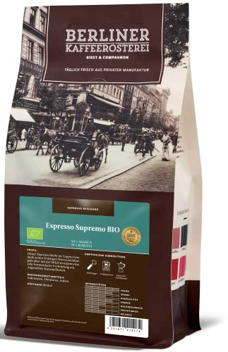 Berliner Kaffeerösterei - Espresso Supremo BIO (1000g / ganze Bohne), Röstgrad Kaffee: dunkel, 80% Arabica Bohnen, Aromaprofil: Karamellig/Röstig/Süß