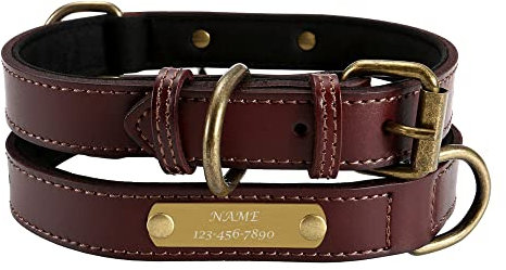 ACBungji Hundehalsband mit Gravur Namen Telefonnummer Katzenhalsband Leder Halsband 2.3cm Breit Personalisierte ID Halsbänder für Hunde Katzen, Verstellbare Größe 35-45cm(Braun)