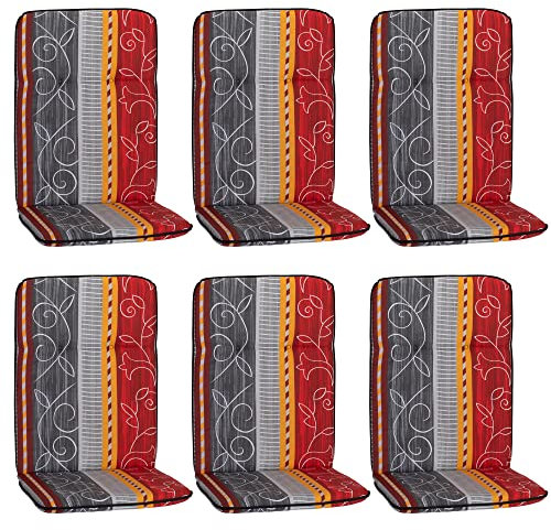 NYVI Hochlehner Auflagen Hawaii 6er Set - 114x47 cm Grau Rot Gelb Ranke - Gartenmöbel Auflage mit 5 cm Polster und Gummi-Halteband
