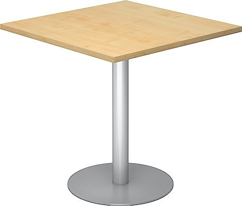 bümö Besprechungstisch, Esstisch klein, Tisch eckig 80x80 cm - Kleiner Esstisch Ahorn, Rundtisch Esstisch 2 Personen mit Holz-Platte, Säule aus Metall in Silber, Konferenztisch, Bistrotisch