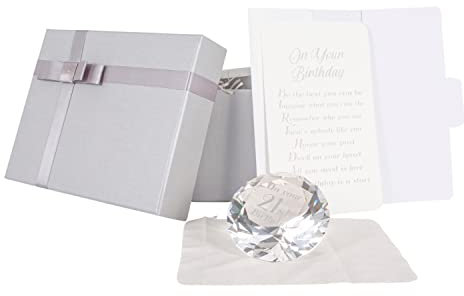 Happy Homewares Modern Clear K9 Pure Crystal Glass 21st Birthday Decorative Sentiment Ornament | Includes Grey Gift Box with Ribbon, Poem Card and Soft Cleaning Cloth