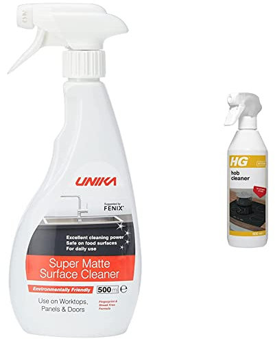 Unika Super Matte Laminate Cleaner & Microfibre Cloth, 500ml & HG Hob Cleaner for Everyday Use, Induction Stove, Metal Ring, Glass & Ceramic Safe, Freshly Scented - 500ml Spray (109050106)