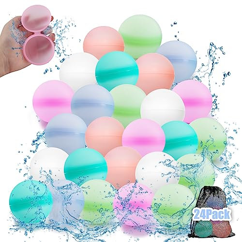 Wasserbomben Wiederverwendbar,24 Stück Wiederverwendbare Wasserbomben Wiederbefüllbare Wasserbomben Magic Splashy Balls Wasserballons Wiederverwendbar Reusable Water Balloon Netzbeutel