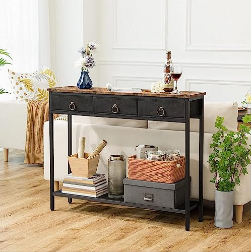 FEFE Console Table Industrial Hallway Table, Slim Sofa Table with 3 Non-woven Drawers, Metal Mesh Frame, Sturdy, Narrow Side Table for Small Spaces, Entrance, Living Room, Rustic Brown