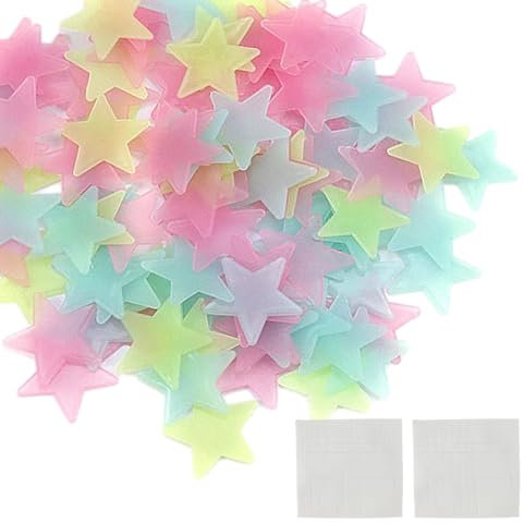 200 Stück fluoreszierende Sterne, 220 Stück doppelseitig klebende Aufkleber, fluoreszierende Kunststoffaufkleber, leuchtende dekorative Aufkleber, bunt leuchtende Wandaufkleber für Wände, Decken