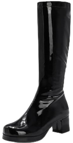 LIPIJIXI Black Knee Stivali Alti GoGo Stivali of the 70s Punta Rotonda Disco Stivali Alto Tacco Chunky Platform Stivali Patent Side Zip Stivali alti Size 40