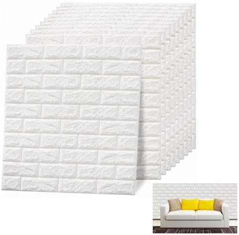 HERCHR 10PCS 3D Carta da Parati Mattoni, DIY Autoadesiva Pannello Parete Decorativo Impermeabile, Bianco Carta da Parati Mattoni per Muri e Cucina, autoadesivi Adesivi murali per Bagno, 35 x 38CM