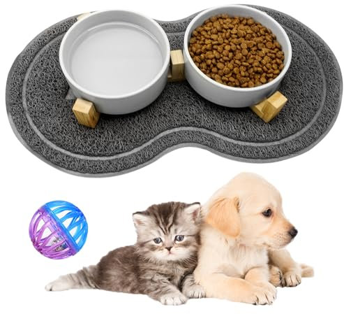 YUTUY Comedero Gato Perro 2 x 400ML Comedero Gatos de Ceramica con Soporte de Bambú y Alfombrilla Antideslizante Set Comederos para Comida y Agua para Gatitos,Comederos y Bebederos para Mascotas