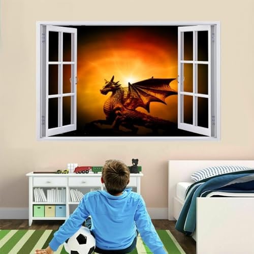 3D Durchbruch Wandsticker, Drachen Wandtattoo Wanddeko Aufkleber, Statue Wanddurchbruch sticker für Raumdekoration Wohnzimmer Kinderzimmer Junge Mädchen Teenager Zimmer 90x60cm