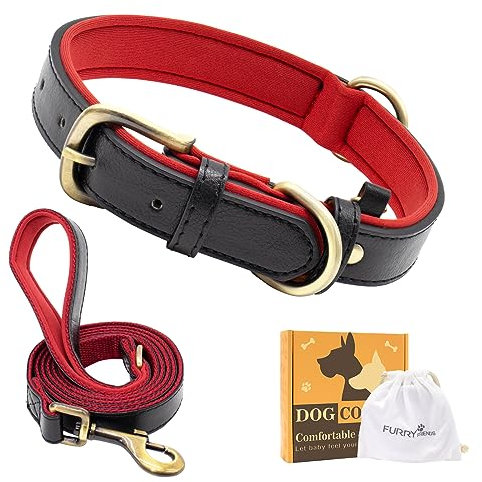 Furry Friends Hundehalsband Leder mit Leine, Gepolstert lederhalsband und Leine Set, Robust, Hundehalsband für den mittleren und kleinen Hund(XL- 53-63cm, Schwarz Rot)