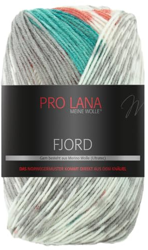 Frida's Wollhaus Pro Lana 100 g Fjord Norweger-Muster Farbverlaufswolle Stricken Garn 14 Farben (95 | Türkis-rost-grau-weiß)