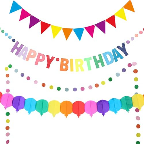 4 Stück Happy Birthday Banner Set, 1 Geburtstag Deko mit 1 Fähnchen und 1 Kreis-Papiergirlande und 1 Luftballon-Förmigen Papiergirlande, Geburtstagsbanner