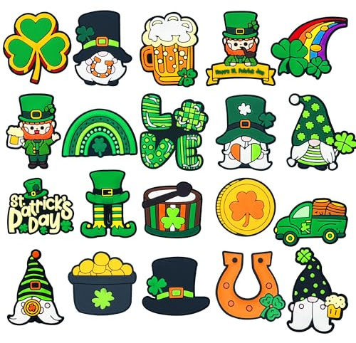 20PCS St.Patricks Theme Shoe Decoration Charms,Green Lucky Clover Gnome Shoe Charms for Clog Sandals Wristband Bracelet,PVC CLOG Charms Accessories, Party Favor Festival Gift for Boys Girls Men Women
