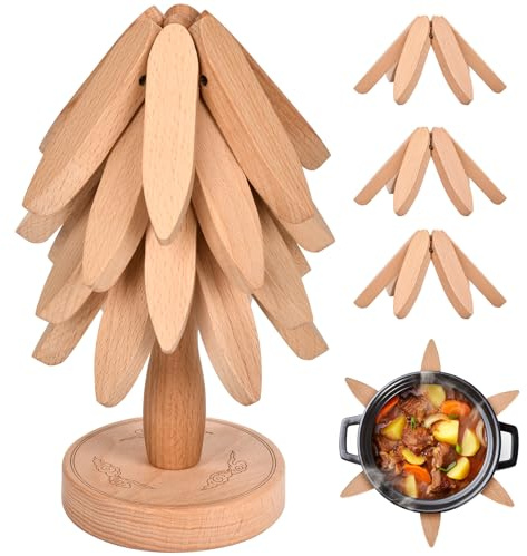 JYMWindigo Lot de 4 Dessous de Plat en Bois pour Casseroles et Poêles Chaudes + 1 Support, Forme d'arbre